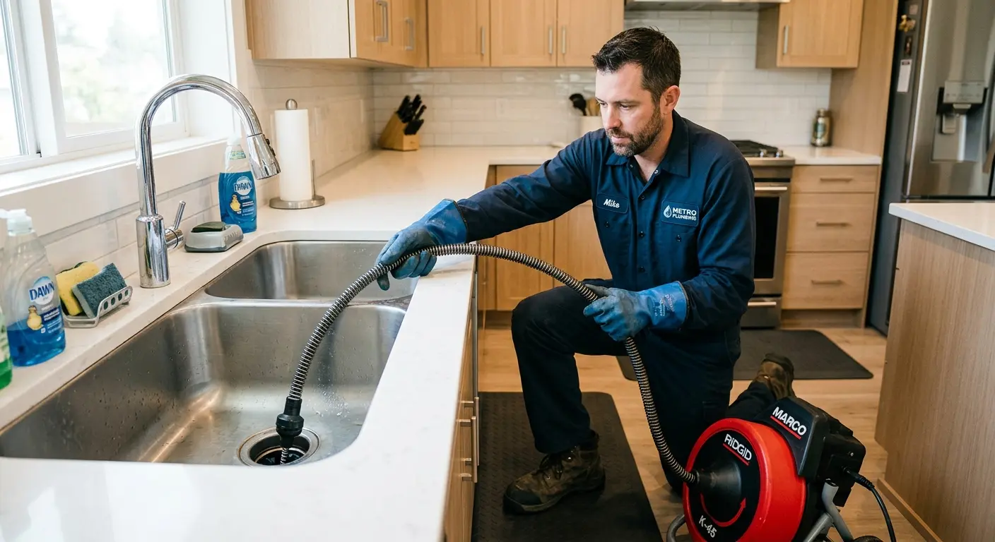 Drain cleaning technician using a motorized snake on a kitchen sink in Charter Oak