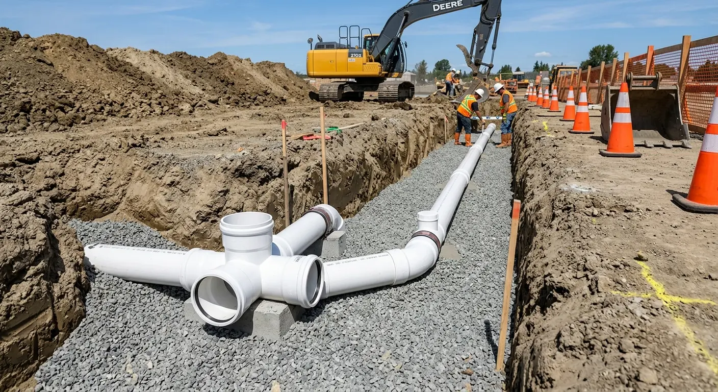 New PVC sewer pipe installation in open trench for Commercial Drain Cleaning in Charter Oak