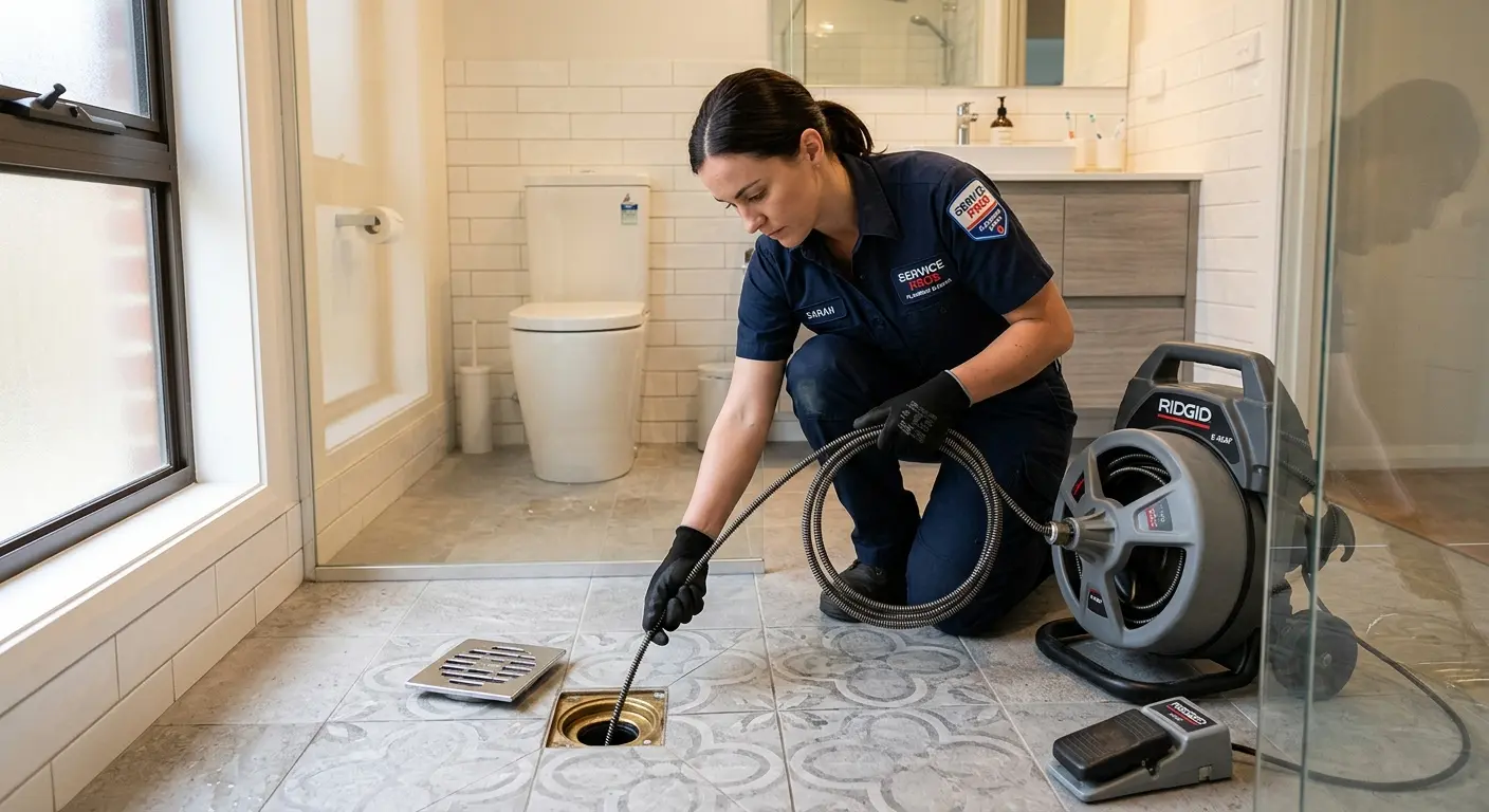 Technician clearing a bathroom floor drain for Sewer Line Replacement in Charter Oak